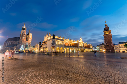 St Mary's church, Cloth Hall and Town Hall tower on the Main Market Square in Krakow, illuminated in the night