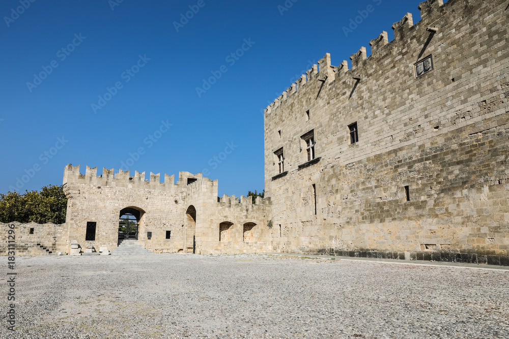 The square in front of the Palace of the Grand Master of the Knights of Rhodes, a medieval castle in the city of Rhodes in Greece