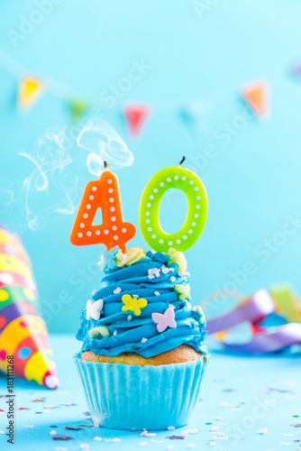 Fortieth 40th birthday cupcake with candle blow out.Card mockup.