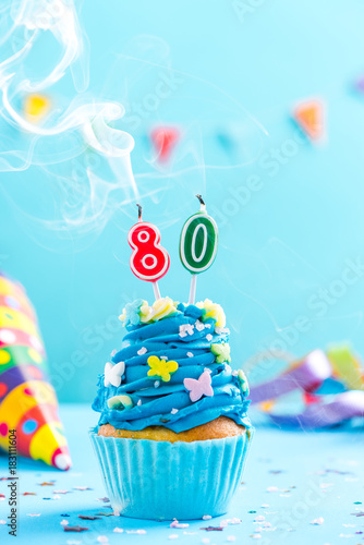 Eightieth 80th birthday cupcake with candle blow out.Card mockup.