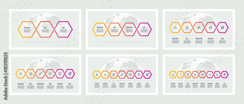Business infographics. Timelines with 3, 4, 5, 6, 7, 8 options, hexagons. Vector templates.
