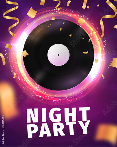 Disco dance celebration abstract banner . Retro vinyl on bright background with light effects and confetti. Vector illustration photo