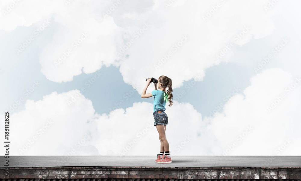 Concept of careless happy childhood with girl of school age look Concept of careless happy childhood with girl of school age look