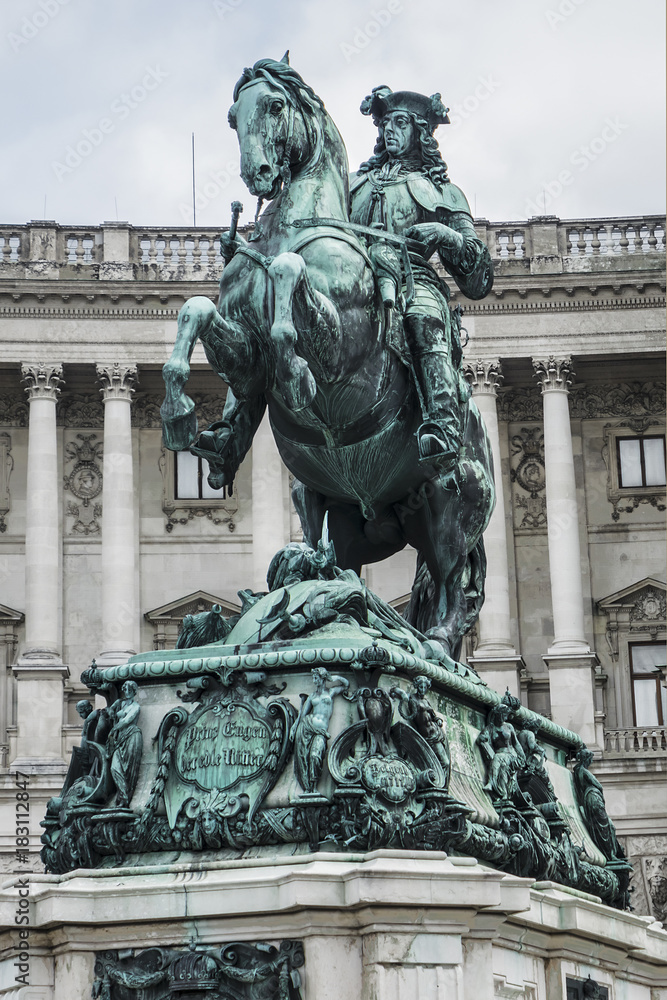 Equestrian statue (1865) of Prince Eugene of Savoy (general of the Imperial Army and statesman of the Holy Roman Empire) in front of Hofburg palace. Vienna, Austria. Equestrian statue (1865) of Prince Eugene of Savoy (general of the Imperial Army and statesman of the Holy Roman Empire) in front of Hofburg palace. Vienna, Austria.