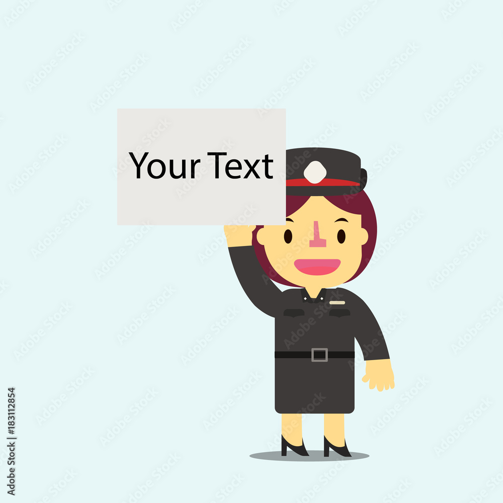 Thai woman police holding white empty board for your text vector. Flat cute woman police character vector.Cop vector