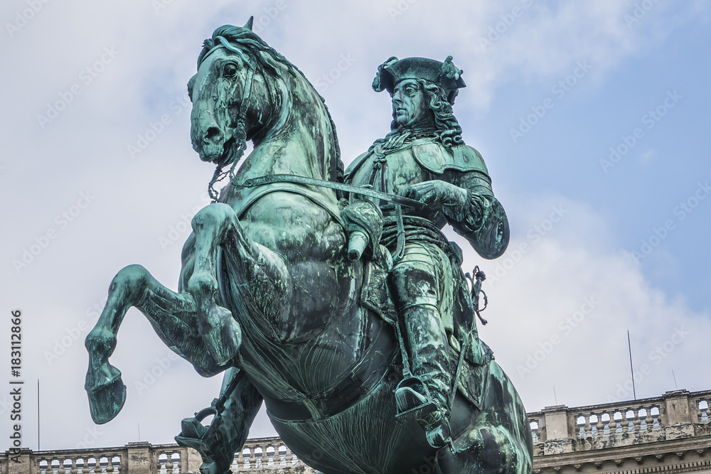 Equestrian statue (1865) of Prince Eugene of Savoy (general of the Imperial Army and statesman of the Holy Roman Empire) in front of Hofburg palace. Vienna, Austria. Equestrian statue (1865) of Prince Eugene of Savoy (general of the Imperial Army and statesman of the Holy Roman Empire) in front of Hofburg palace. Vienna, Austria.