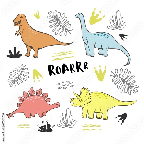 Vector collection of cute hand drawn dinosaurs, including T-rex, Pterodactyl, Brachiosaurus and Triceratop, isolated on white.