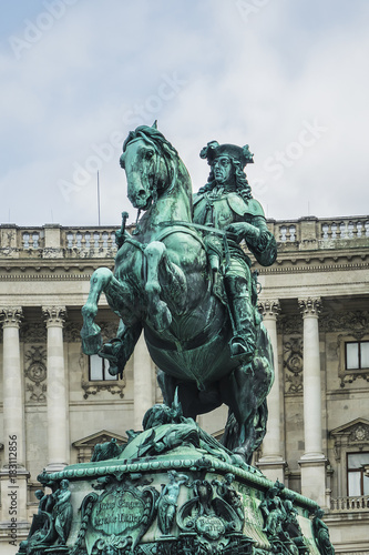 Equestrian statue (1865) of Prince Eugene of Savoy (general of the Imperial Army and statesman of the Holy Roman Empire) in front of Hofburg palace. Vienna, Austria.