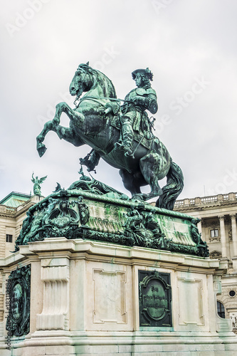 Equestrian statue (1865) of Prince Eugene of Savoy (general of the Imperial Army and statesman of the Holy Roman Empire) in front of Hofburg palace. Vienna, Austria.