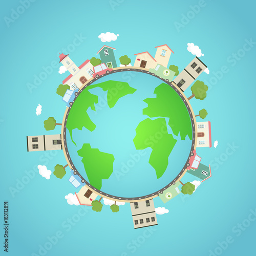Earth planet with city ,park , cars.Fantasy world with town around.Beautiful earth with eco city concept.Travel on globe.Vector illustration