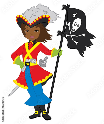 Vector African American Pirate Girl with Jolly Roger Flag