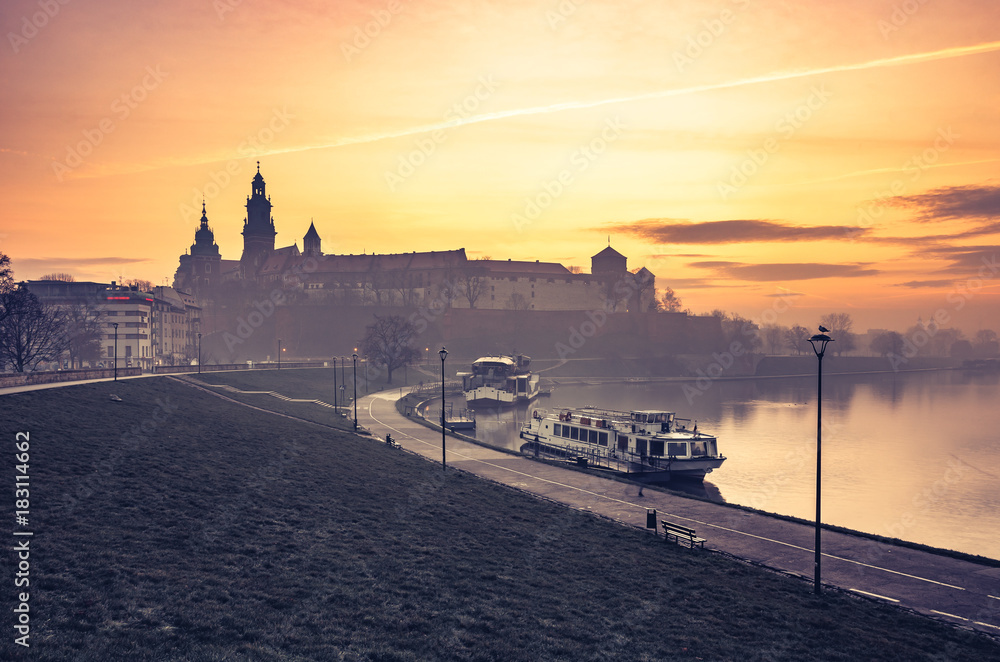 Krakow, Poland, Wawel Castle and Wawel cathedral in the morning over Vistula river
