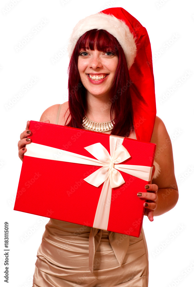 Junge Frau mit Nikolausmütze und Geschenk Junge Frau mit Nikolausmütze und Geschenk