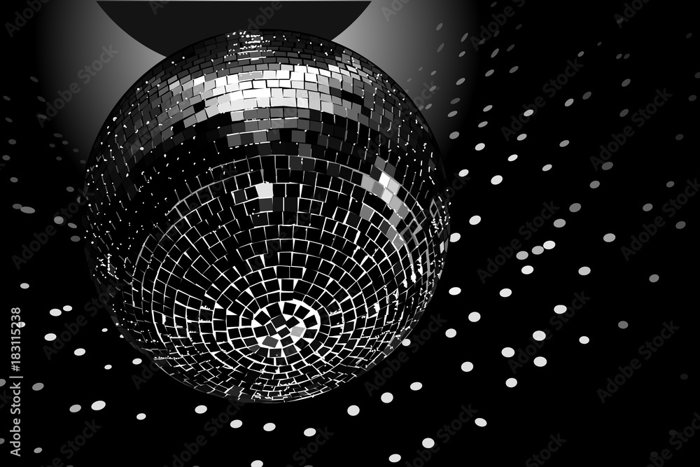 Disco ball on black background, black and white. Vector Stock Vector