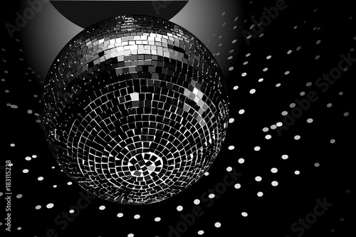Disco ball on black background, black and white. Vector