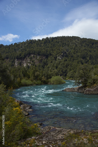 River Futaleufu flowing through a forested valley in the Ays  n Region of southern Chile. The river is renowned as one of the premier locations in the world for white water rafting.