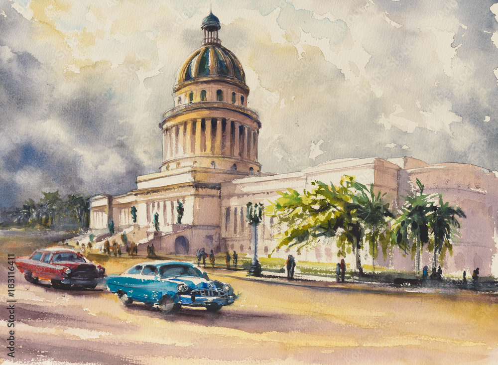 Obraz Starzy klasyczni Amerykańscy samochody jadą przed Capitol w Hawańskim, Kuba Obraz tworzący z akwarelami.