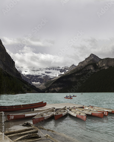 Lake Louise canoeing with view of the glacier, Banff Canada