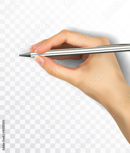 Vector realistic illustration of hand writing on signing with metallic pen isolated on transparent background