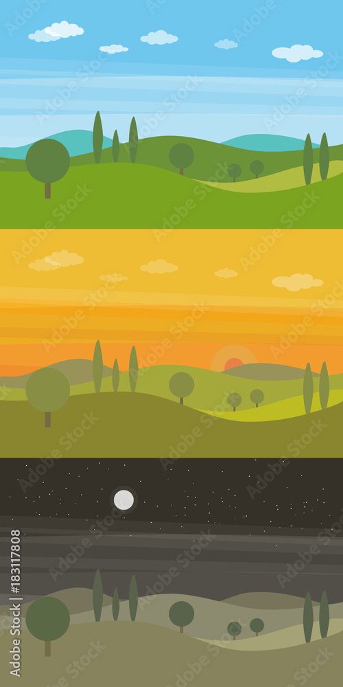 Set of three vector flat landscapes with green hills and trees and clouds in the sky in three different times of day