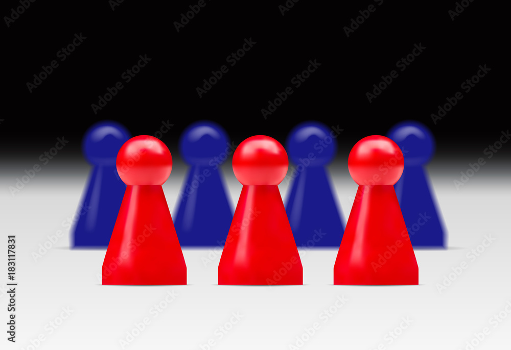 Vector realistic illustration of two groups of red and blue figures standing in lines - competition, teamwork, social separation concept