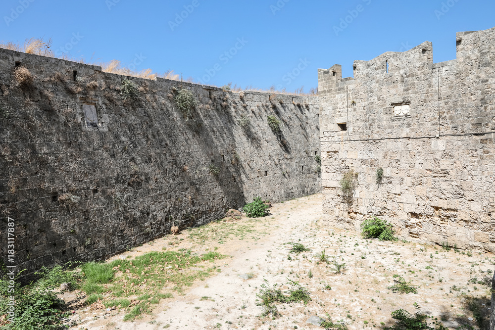 
medieval large moat around the Rhodes Old Town, one of the best preserved and most extensive medieval towns in Europe. 