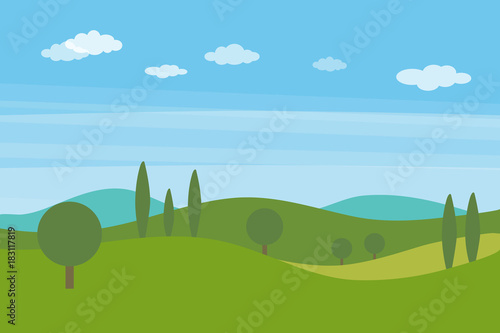 Valokuva Vector flat landscape with green hills and trees and blue bright sky with clouds