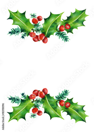 Christmas branches. Holly and red berries.   Watercolor illustration isolated on white background. Hand painted.  © Janis