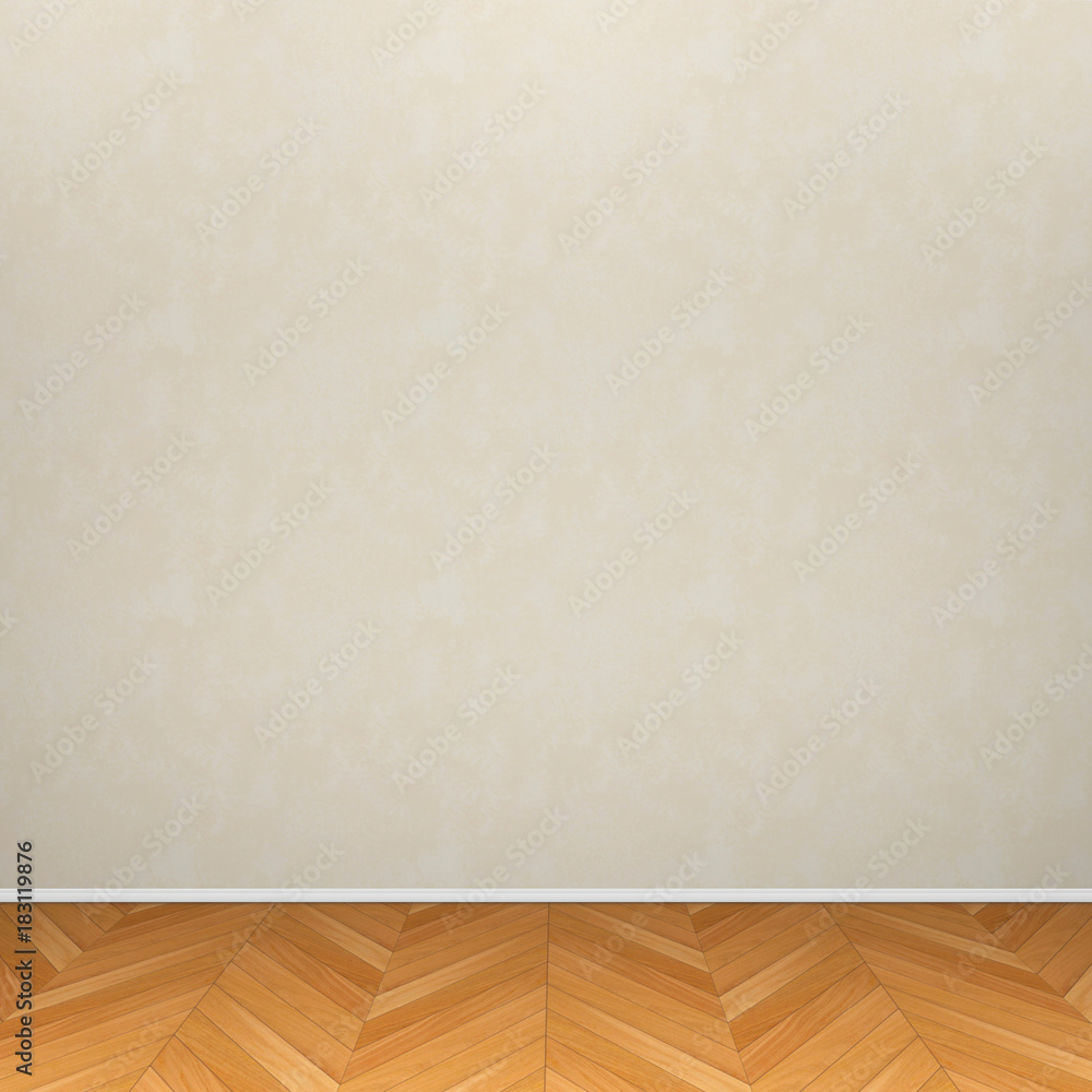 3d interior rendering of beige wallpaper and wooden floor
