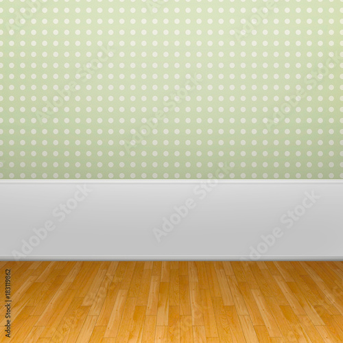 3d interior rendering of green dotted wallpaper and brown parquet floor