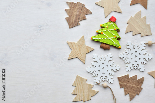 wooden christmas trees, snowflakes, stars background