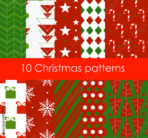 Vector illustration ten Christmas different seamless patterns. Bright colors texture for wallpaper, web page background, wrapping paper, flat style.