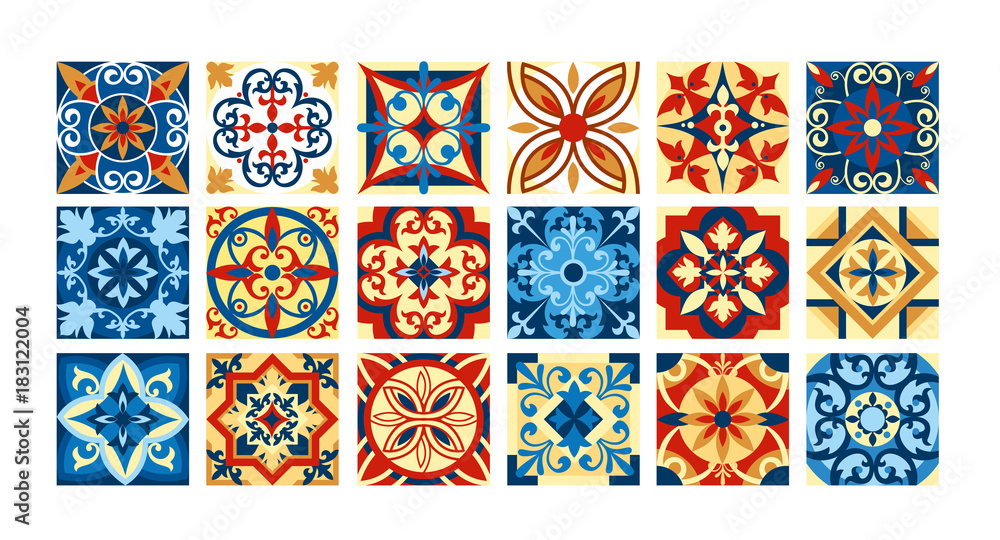 Vector illustration Collection of ceramic tiles in retro colors. A set of square patterns in ethnic style. Vector illustration.