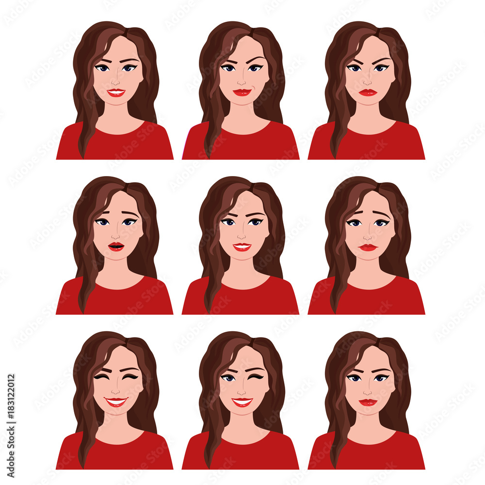 Vector illustration of woman with different facial expressions set. Emotions set on white background in flat style. Vector illustration of woman with different facial expressions set. Emotions set on white background in flat style.