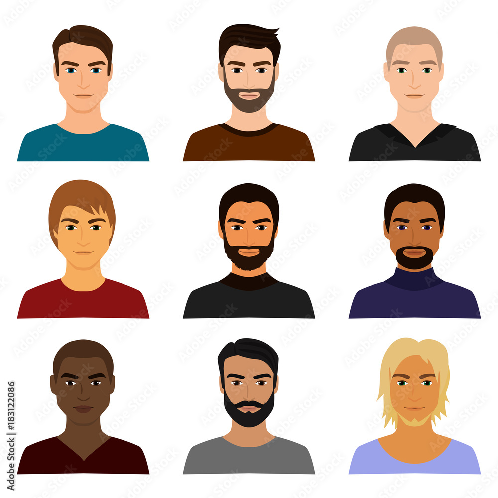 Vector illustration set of male man character faces avatars in different  clothes and hair styles. Man guy avatar in cartoon flat style. Stock Vector  | Adobe Stock