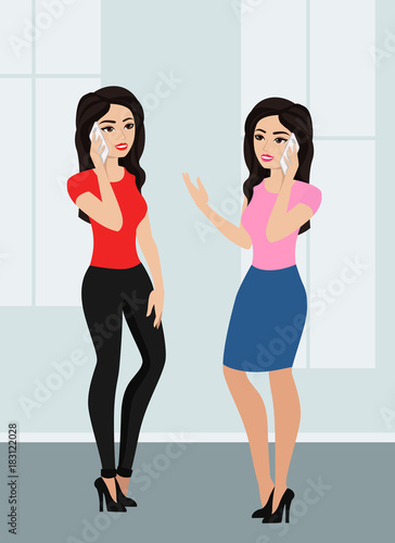Vector illustration of two cute cartoon girls using a cell phone. Women are talking by mobile phone in flat style.