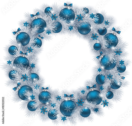Christmas wreath with silver colour fir branches, blue balls and decorations isolated on white background. Vector illustration.
