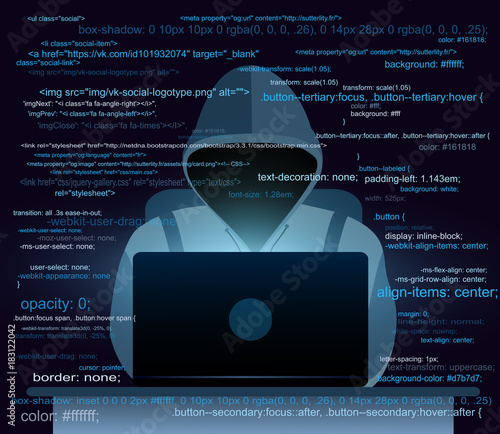 Vector illustration of hacker with laptop, hacking the Internet on dark blue background, computer security concept, email spam with codes in flat style.