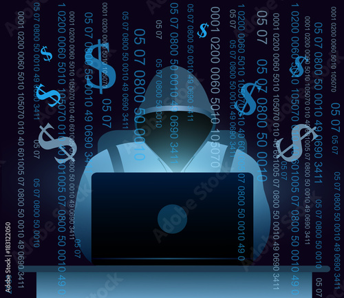 Vector illustration of hacker with laptop, hacking the Internet on dark blue background with money and codes, computer security concept, email spam with codes in flat style.