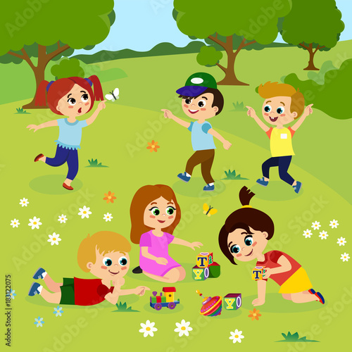 Vector illustration of kids playing outside on green grass with flowers, trees. Happy children playing on the yard with toys in cartoon flat style.