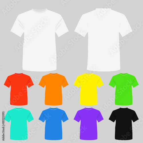 Vector illustration set of templates colored t-shirts. T-shirts in white, black and other bright colors in flat style.