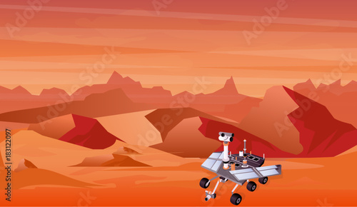 Vector illustration of Mars planet landscape and space exploration machine, space technology in flat style.