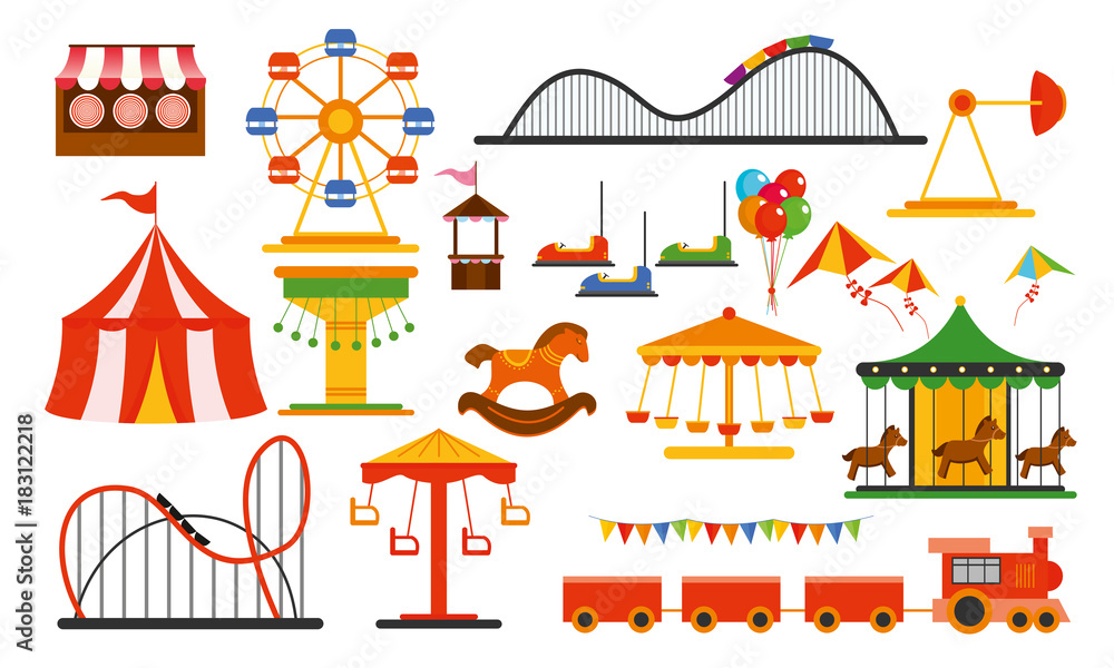 Vector illustration amusement park elements on white background. Family ...