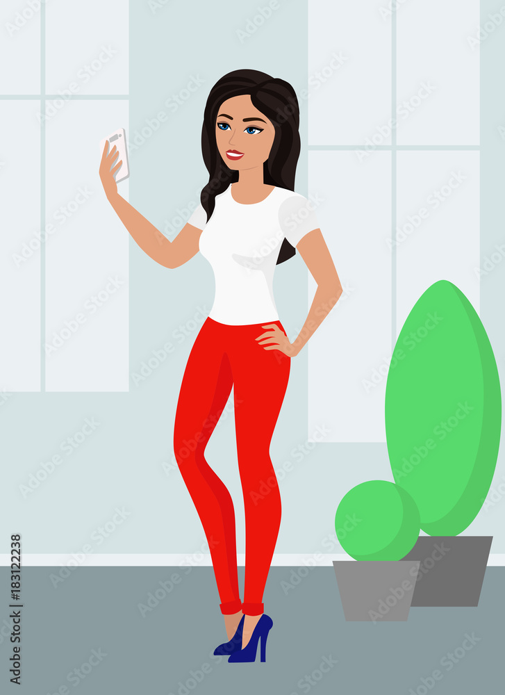 Vector illustration of cute cartoon girl taking selfie with her cell phone on the street in flat style. Vector illustration of cute cartoon girl taking selfie with her cell phone on the street in flat style.