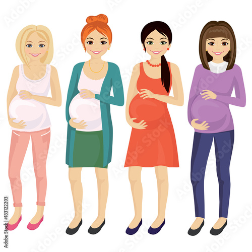 Woman pregnant standing in different clothes and hair styles, touching her belly, smiling. Happy pregnant woman set on white background in flat style.
