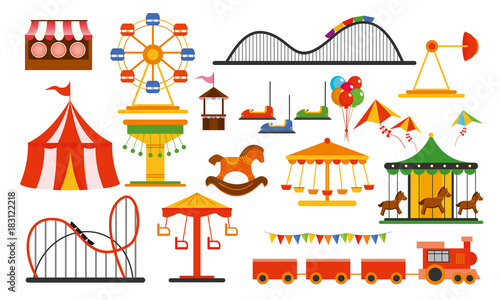 Vector illustration amusement park elements on white background. Family rest in rides park with colorful ferris wheel, carousel, circus in flat style.