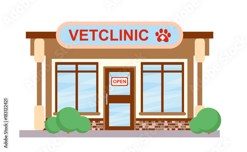 Vector illustration of veterinary medicine hospital, clinic or pet shop for animals in flat style.