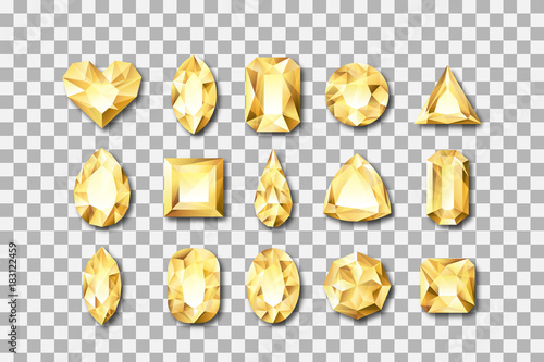 Set of vector realistic golden gems and jewels on transparent background. Gold shiny diamonds with different cuts. Design elements and icons for holiday gift and jewelry shop.