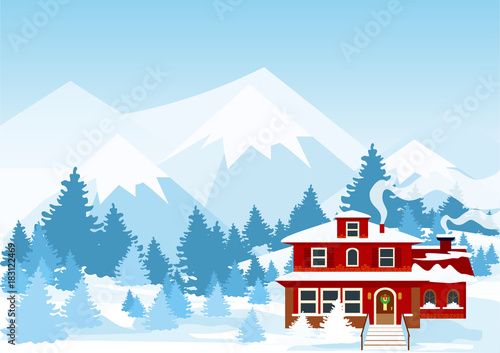 Vector illustration of winter landscape with mountains and red color cote covered of snow in forest.
