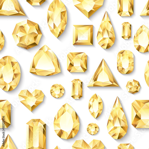 Vector seamless white glossy background with 3d golden gems, jewels. Gold shiny diamonds with different cuts.
